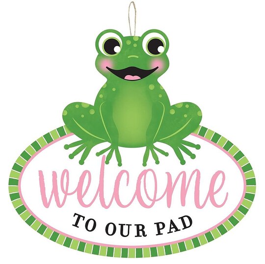 AllThatSparkles; Frog Welcome Sign with Door Hanger For Crafts, Wreath Making, Classroom Decorations; Category:Spring Wall Decor; Image:1